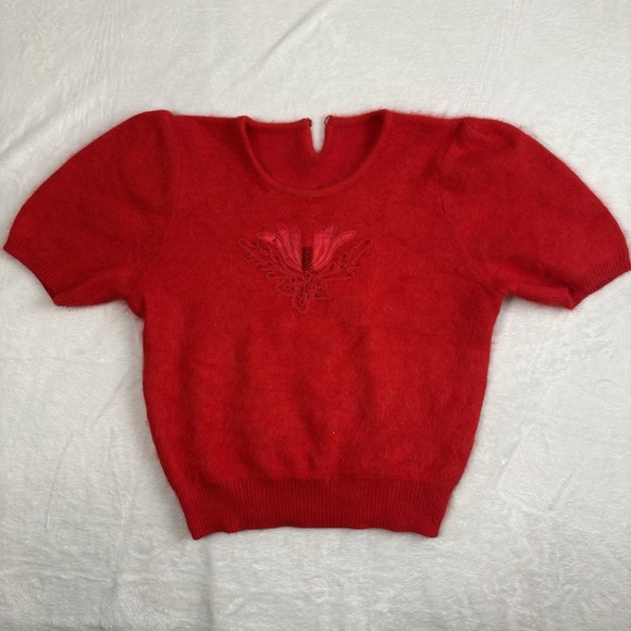 VTG 80's Red Short Sleeve Mohair Blend Beaded Floral Puff Sleeve Sweater Women M - Picture 1 of 7
